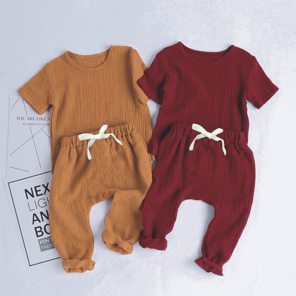 Crepe 2pcs Solid Short-sleeve Baby Set Pink big image 2