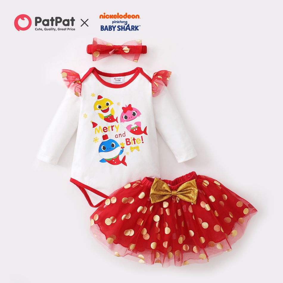 Baby Shark Christmas 3-piece Baby Girl Flounce Bodysuit and Polka Dots Mesh Skirt Set with Headband Red