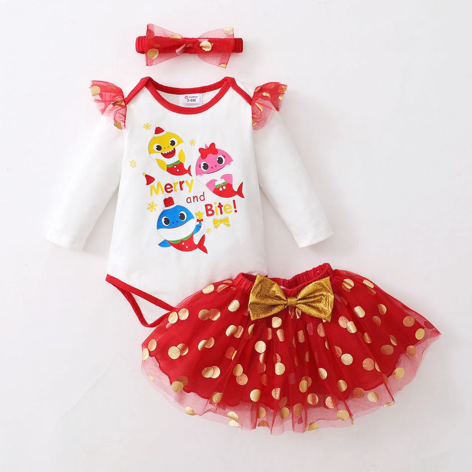 Baby Shark Christmas 3-piece Baby Girl Flounce Bodysuit and Polka Dots Mesh Skirt Set with Headband Red big image 2