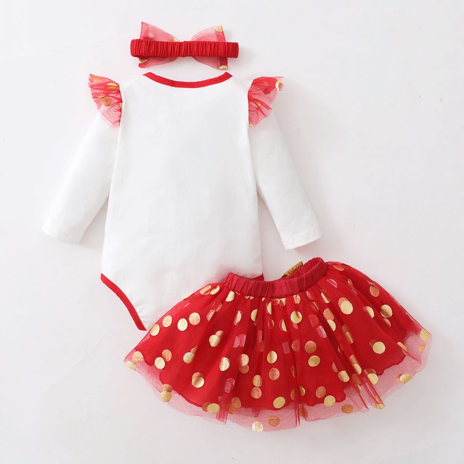 Baby Shark Christmas 3-Piece Baby Girl flounce bodysuit and polka dots mesh skirt set with headband أحمر big image 3