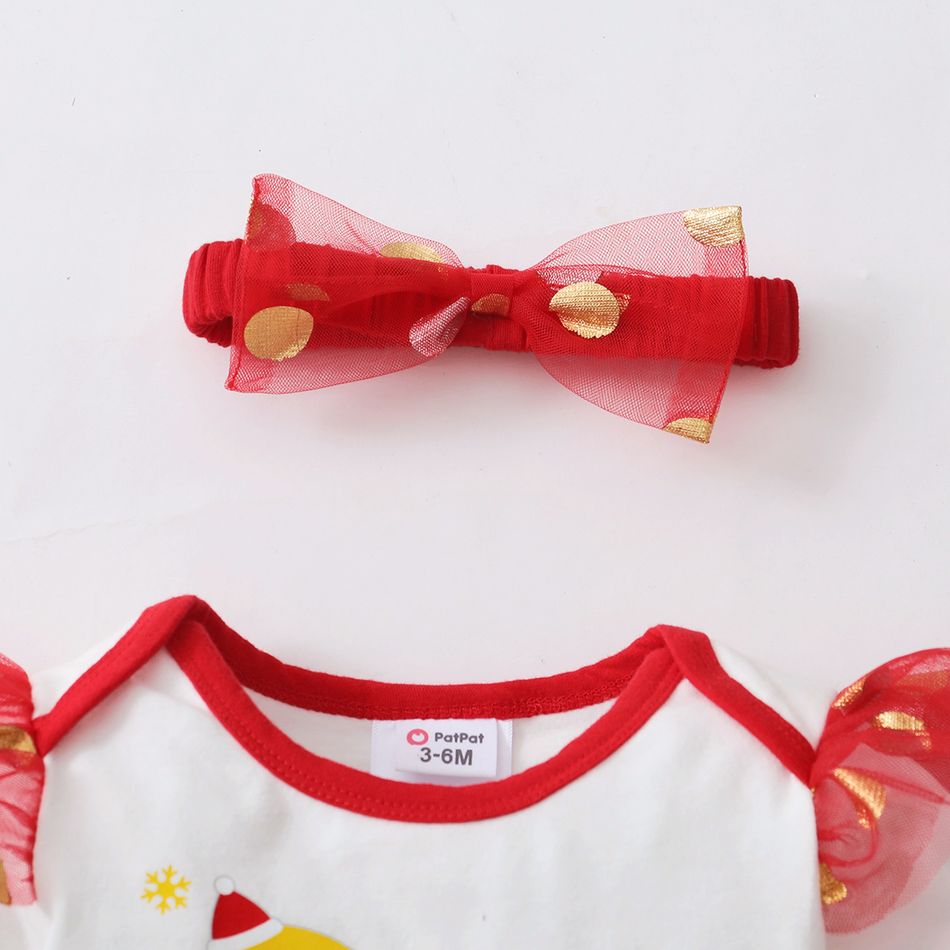 Baby Shark Christmas 3-Piece Baby Girl flounce bodysuit and polka dots mesh skirt set with headband أحمر big image 4