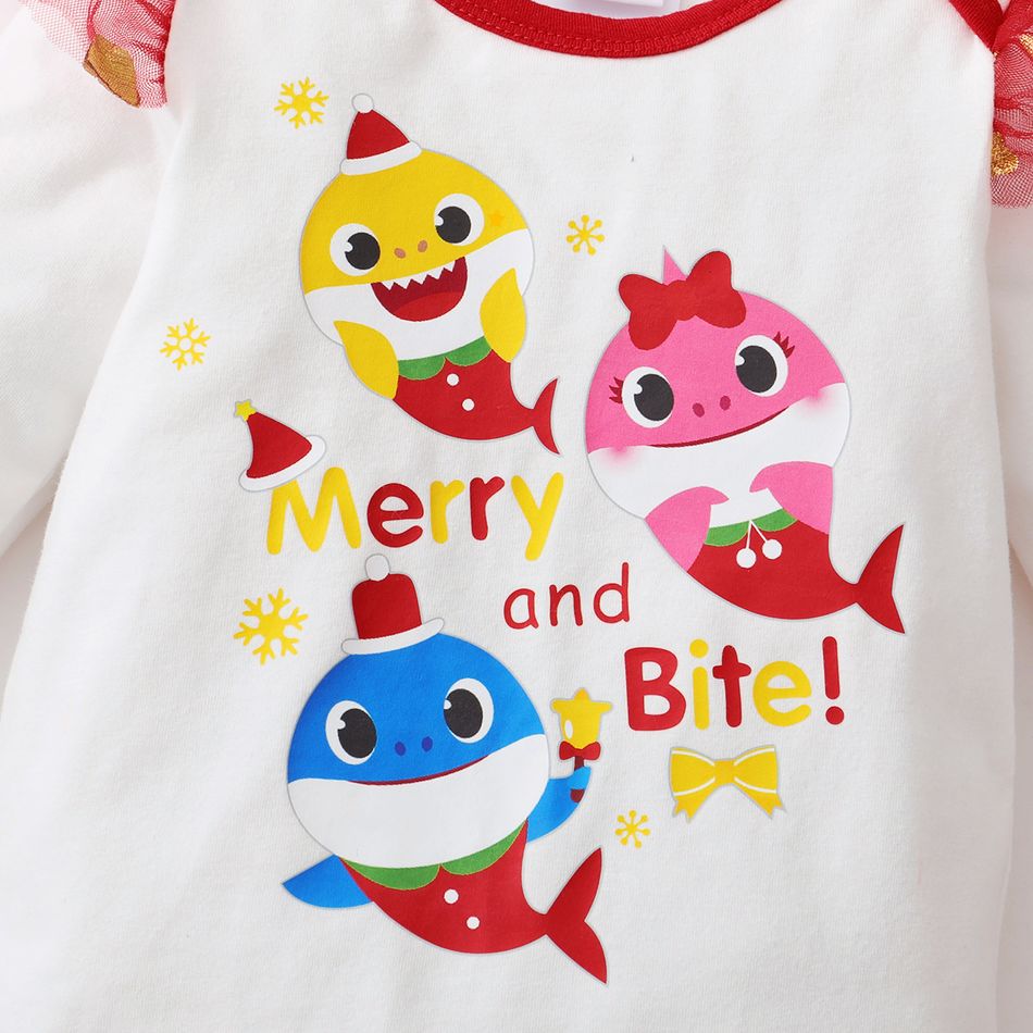 Baby Shark Christmas 3-Piece Baby Girl flounce bodysuit and polka dots mesh skirt set with headband أحمر big image 5