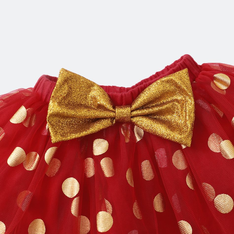 Baby Shark Christmas 3-Piece Baby Girl flounce bodysuit and polka dots mesh skirt set with headband أحمر