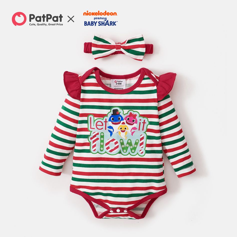 Baby Shark 2-piece Baby Girl Cotton Stripe Christmas Bodysuit with Headband Green/White/Red