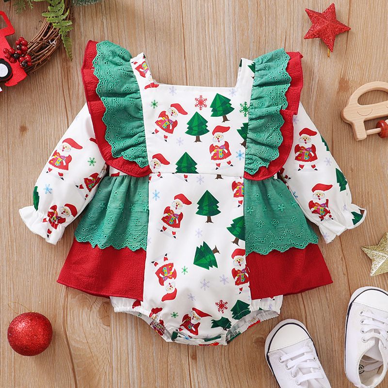 Christmas All Over Santa and Tree Print Color Block Ruffle Baby Romper White