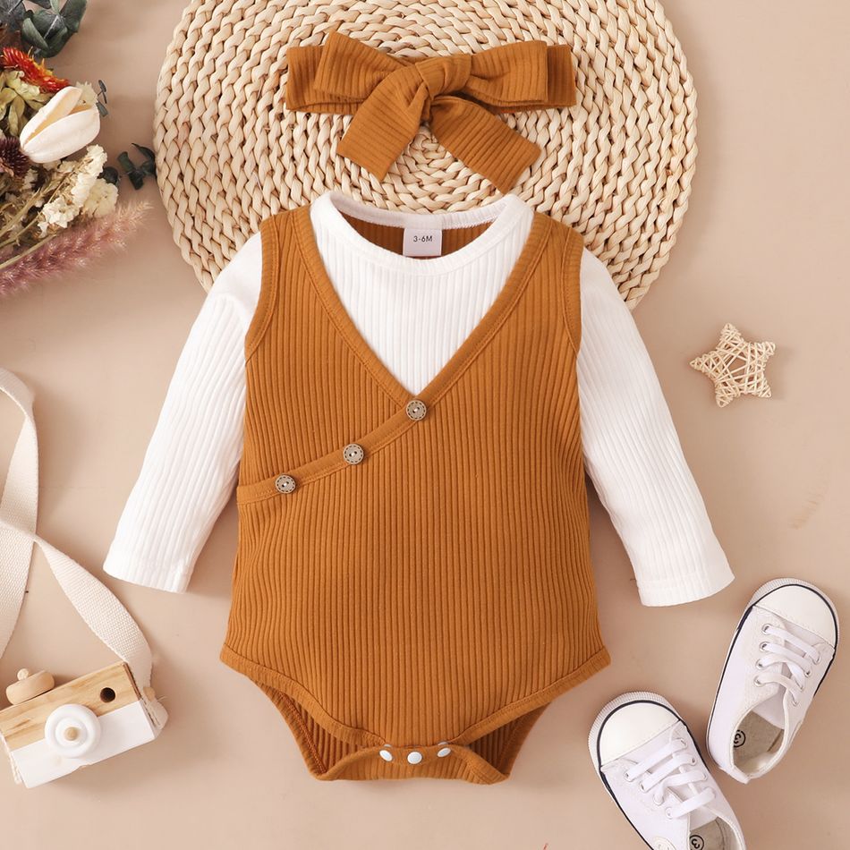 2pcs Baby Cotton Long-sleeve Splicing Faux-two Ribbed Romper Set Brown