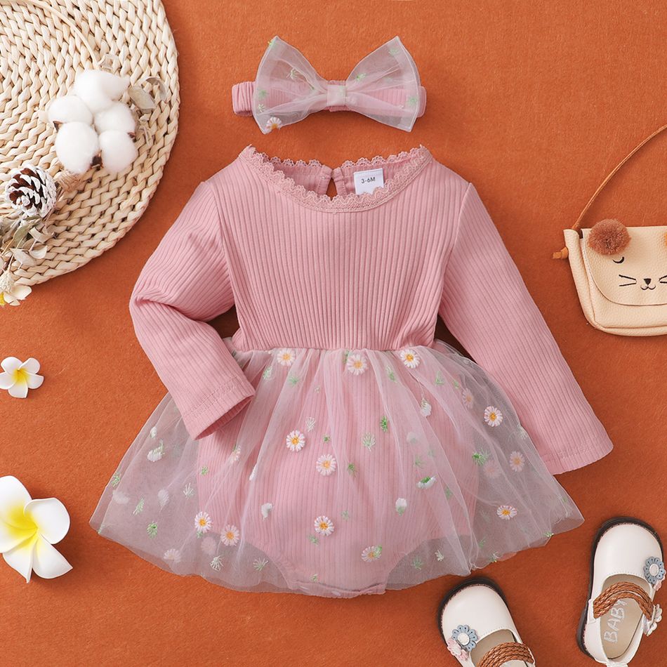 2pcs Baby Floral Embroidered Mesh Splicing Long-sleeve Ribbed Romper Dress Set Pink big image 1
