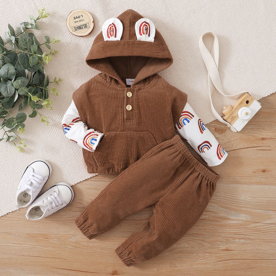 3pcs Baby All Over Rainbow Print Long-sleeve T-shirt and Brown Corduroy Vest with Trousers Set Brown