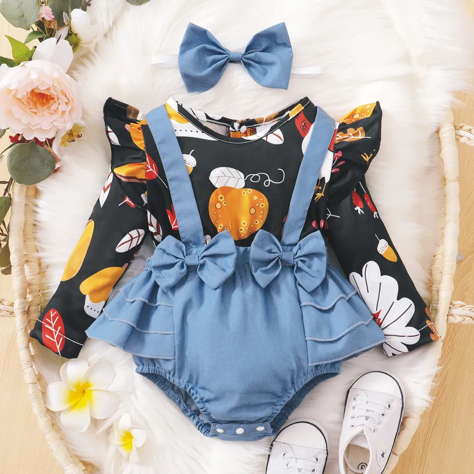 Baby 2pcs Thanksgiving Pumpkin Print Splicing Denim Ruffle Bowknot Long-sleeve Romper Set Color block