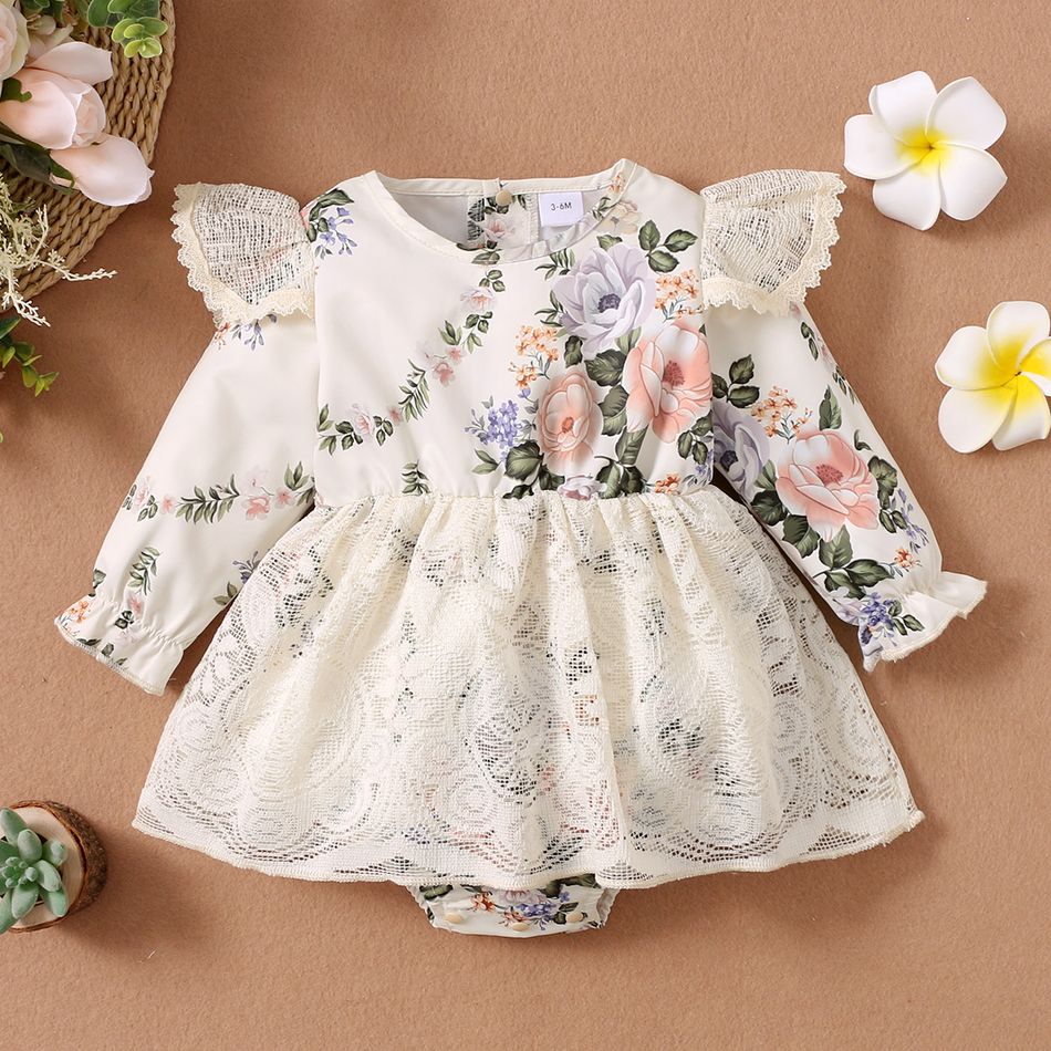 Baby Girl Floral Print Lace Design Skirt Long-sleeve  Romper White