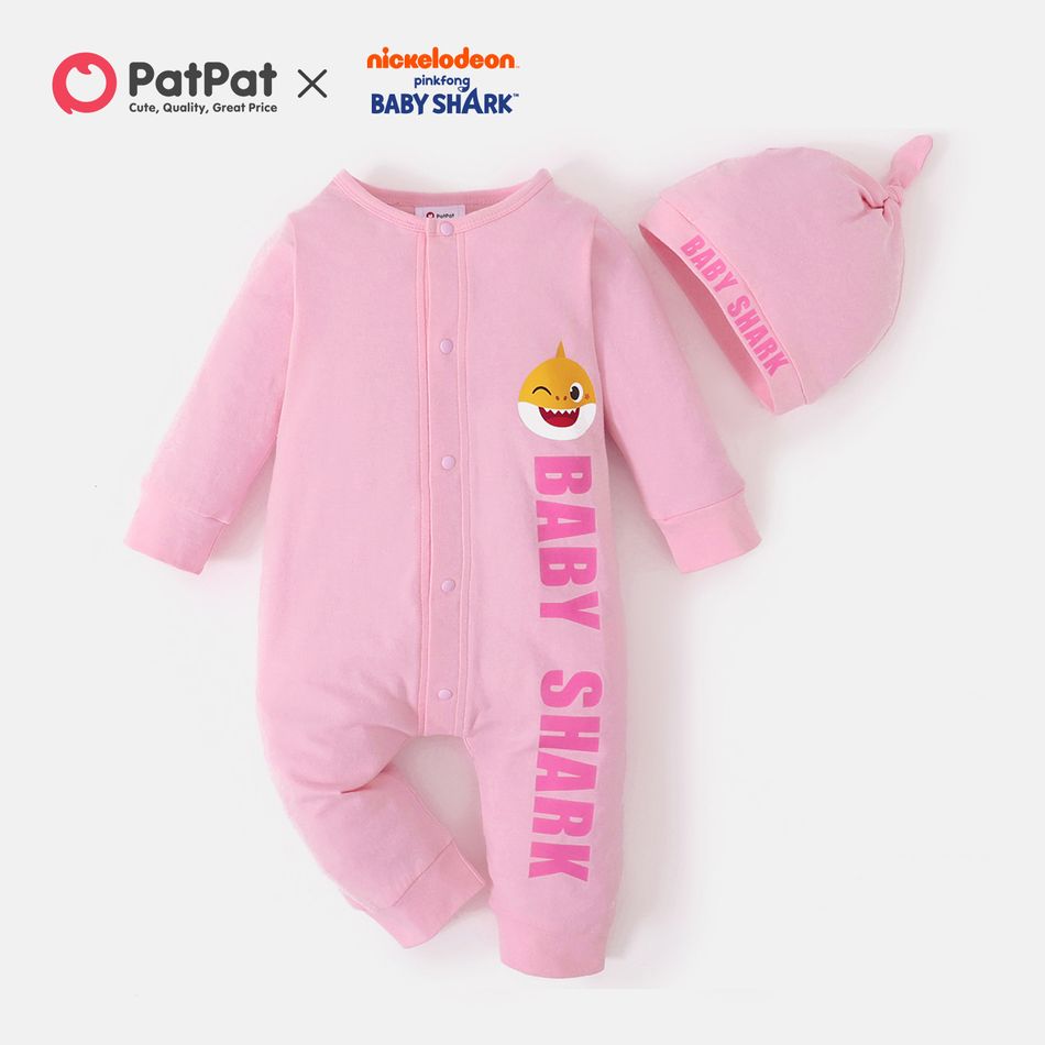 Baby Shark 2pcs Baby Boy/Girl Cotton Solid Long-sleeve Jumpsuit with Hat Set Pink