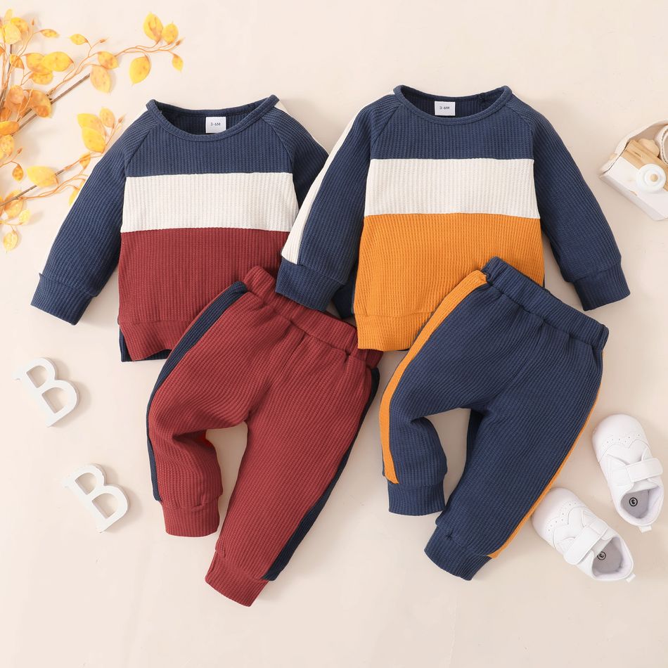 2pcs Baby Boy/Girl Color Block Waffle Long-sleeve Sweatshirt and Track Pants Set Ginger big image 2