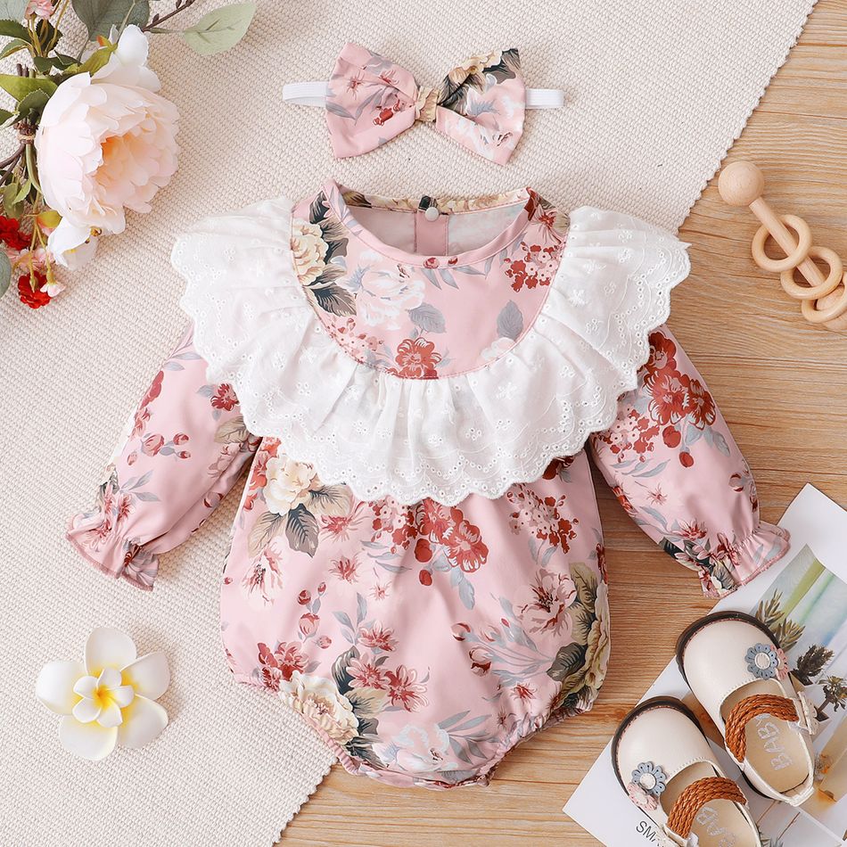 2pcs Baby Girl All Over Floral Print Pink Long-sleeve Ruffle Romper with Headband Set Pink