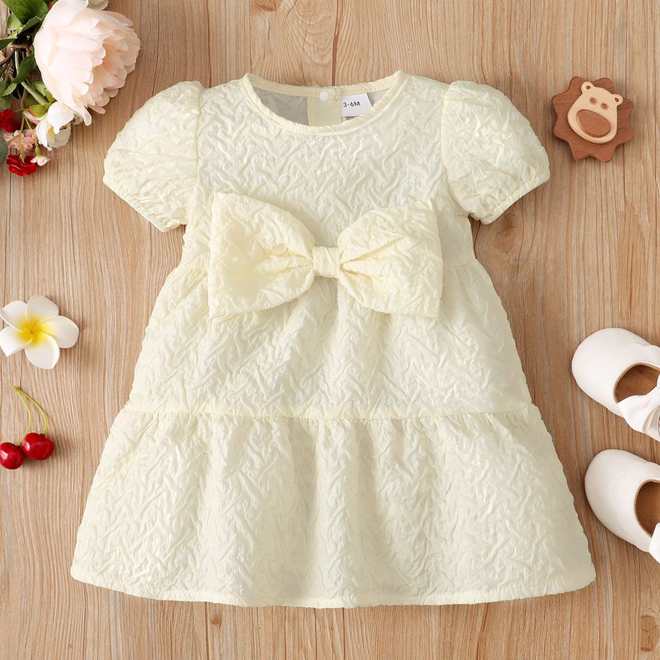 Baby Girl Solid Textured Puff Sleeve Bowknot Dress Beige