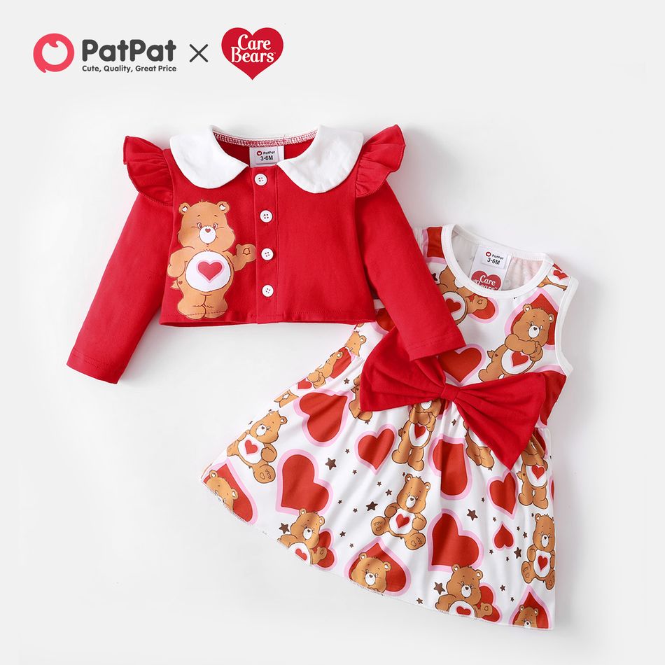 Care Bears 2pcs Baby Girl Red Love Heart Bear Print Ruffle Long-sleeve Top with Sleeveless Bowknot Dress Set Red