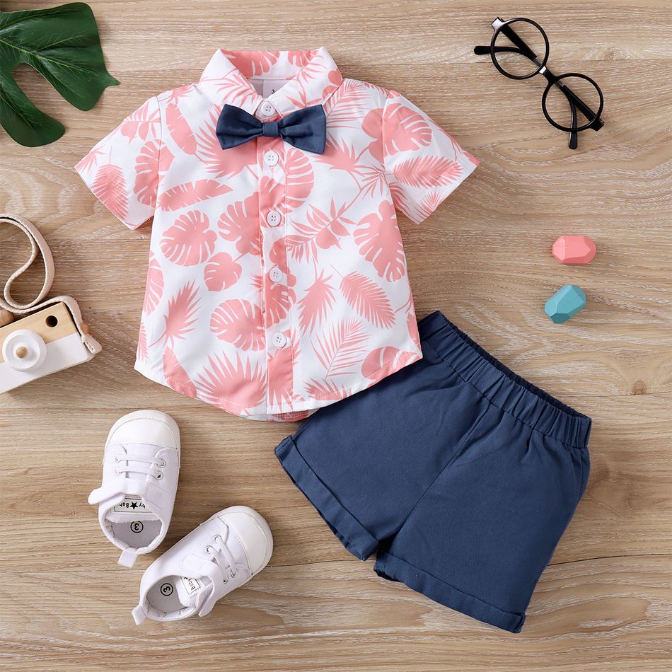 2pcs Baby Boy Allover Pink Leaf Print Short-sleeve Bow Tie Shirt and Solid Shorts Set Multi-color