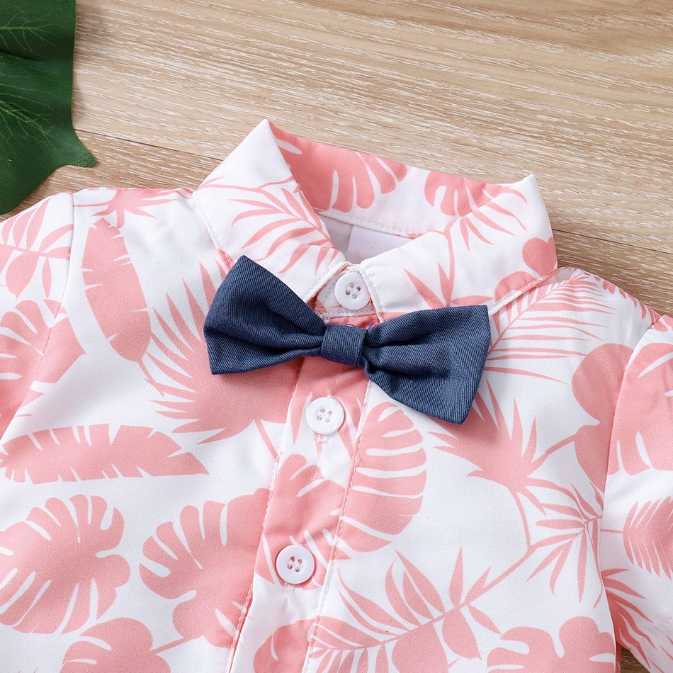 2pcs Baby Boy Allover Pink Leaf Print Short-sleeve Bow Tie Shirt and Solid Shorts Set Multi-color big image 4