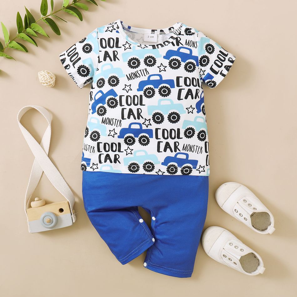 Baby Boy All Over Cartoon Car and Letter Print Short-sleeve Colorblock Jumpsuit Multi-color big image 3