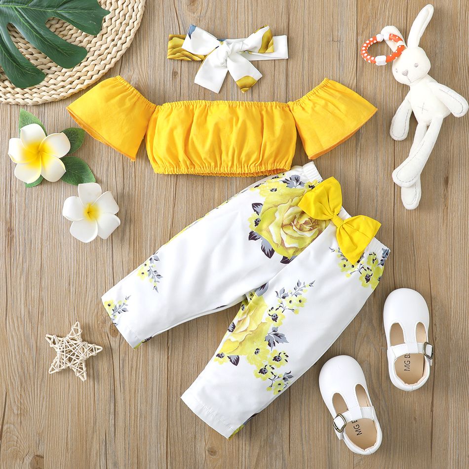 3pcs Baby Girl Off Shoulder Short-sleeve Crop Top and Floral Print Pants with Headband Set Yellow