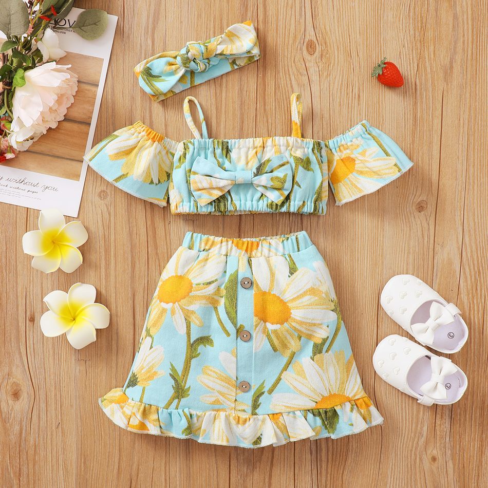 3pcs Baby Girl Floral Print Denim Short-sleeve Spaghetti Strap Bowknot Crop Top and Ruffle Skirt with Headband Set Multi-color big image 1