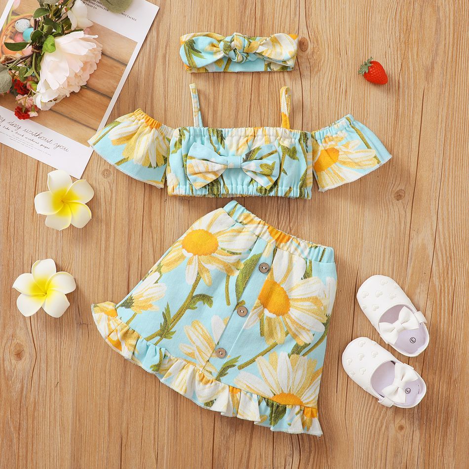 3pcs Baby Girl Floral Print Denim Short-sleeve Spaghetti Strap Bowknot Crop Top and Ruffle Skirt with Headband Set Multi-color big image 3
