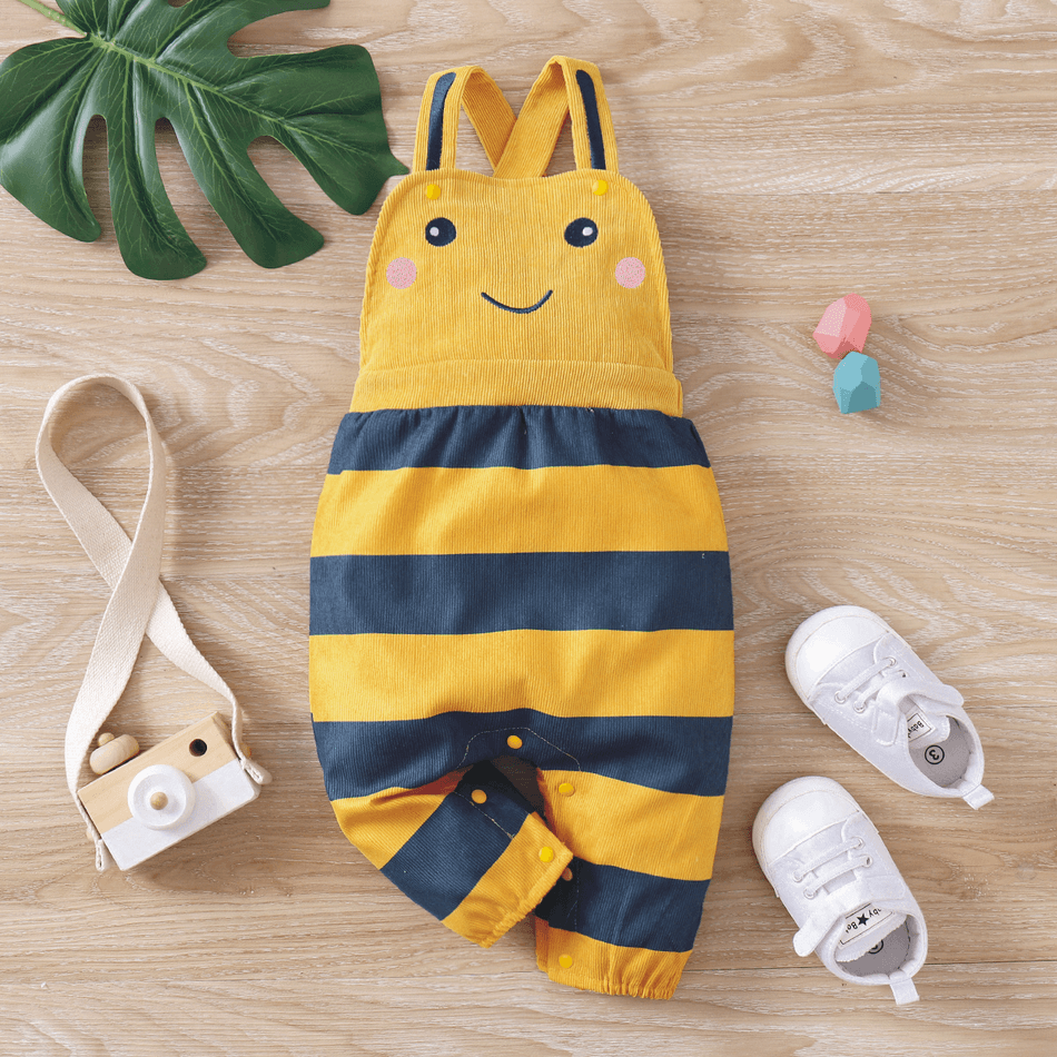 Baby Boy/Girl Cartoon Animal Embroidered Striped Corduroy Overalls Yellow