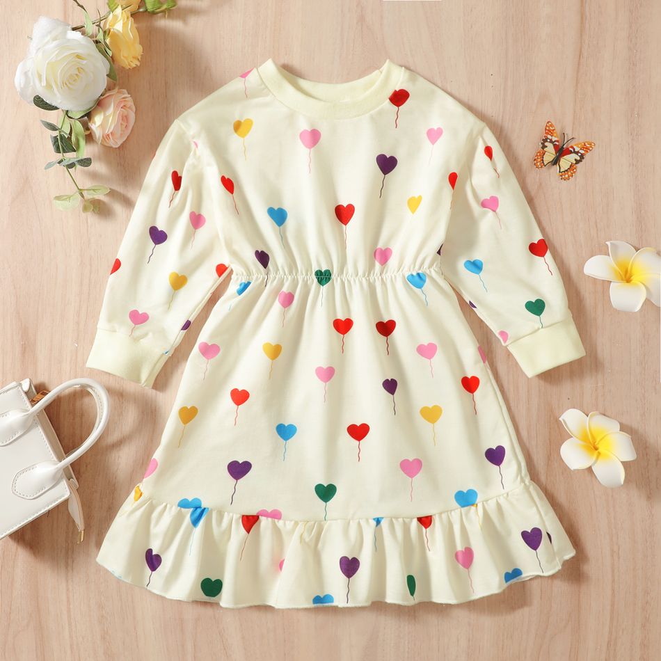 Toddler Girl Colorful Heart Print Ruffle Hem Long-sleeve Dress Colorful