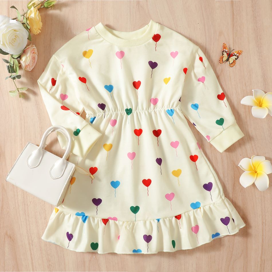 Toddler Girl Colorful Heart Print Ruffle Hem Long-sleeve Dress Colorful big image 3