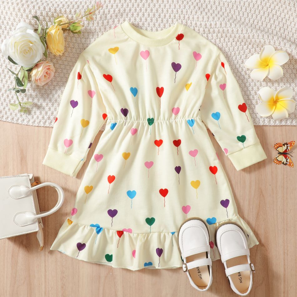 Toddler Girl Colorful Heart Print Ruffle Hem Long-sleeve Dress Colorful big image 4