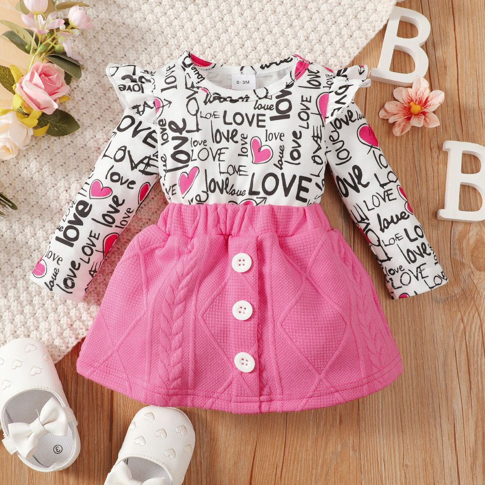 2pcs Baby Girl Allover Love Heart & Letter Print Long-sleeve Romper and Button Front Skirt Set Pink