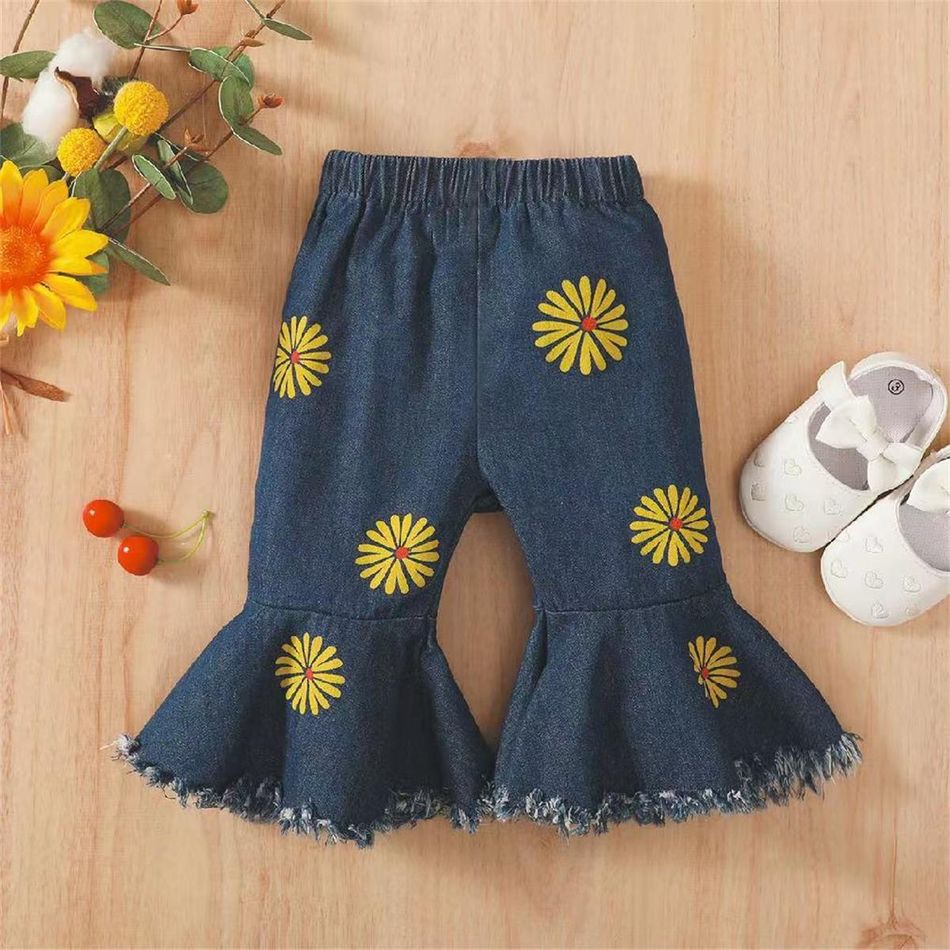 100% Cotton Baby Girl Allover Floral Print Flared Jeans Blue