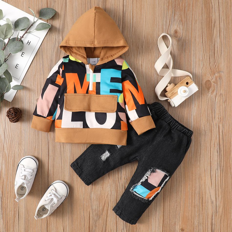 2pcs Baby Boy 95% Cotton Ripped Jeans and Allover Letter Print Long-sleeve Hoodie Set Color block