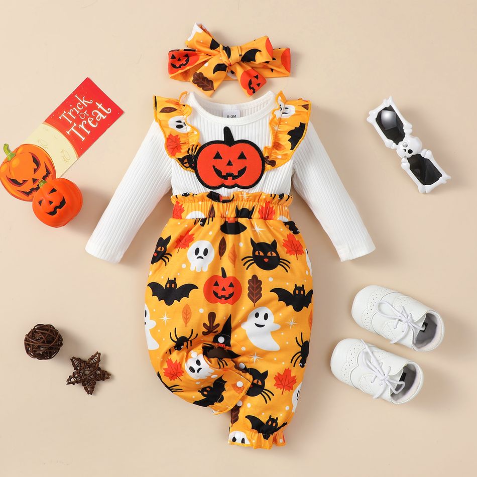 Halloween 2pcs Baby Girl 95% Cotton Rib Knit Long-sleeve Pumpkin Embroidered Spliced Print Ruffle Trim Jumpsuit with Headband Set Yellow