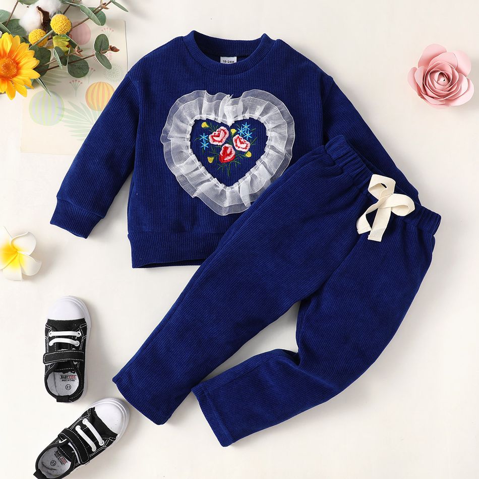 2pcs Toddler Girl Sweet Floral Embroidered Mesh Design Sweatshirt and Waffle Pants Set Royal Blue big image 1