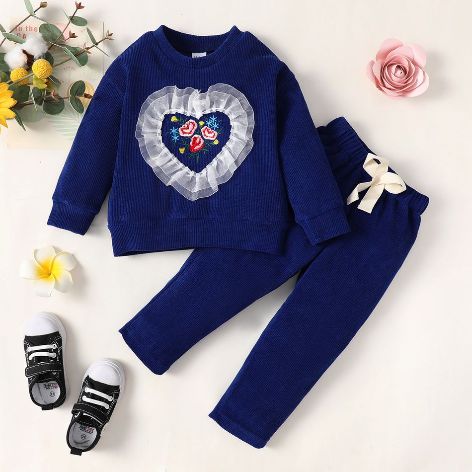2pcs Toddler Girl Sweet Floral Embroidered Mesh Design Sweatshirt and Waffle Pants Set Royal Blue big image 2