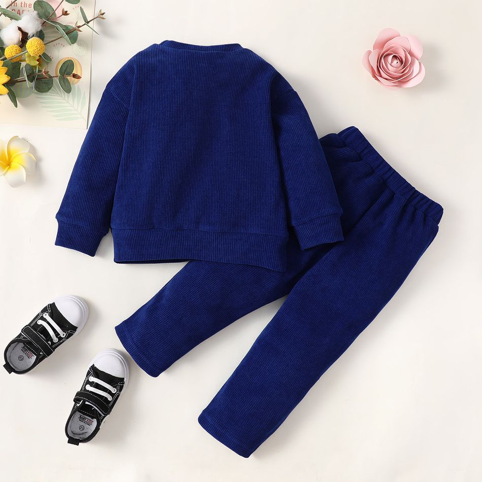 2pcs Toddler Girl Sweet Floral Embroidered Mesh Design Sweatshirt and Waffle Pants Set Royal Blue big image 3