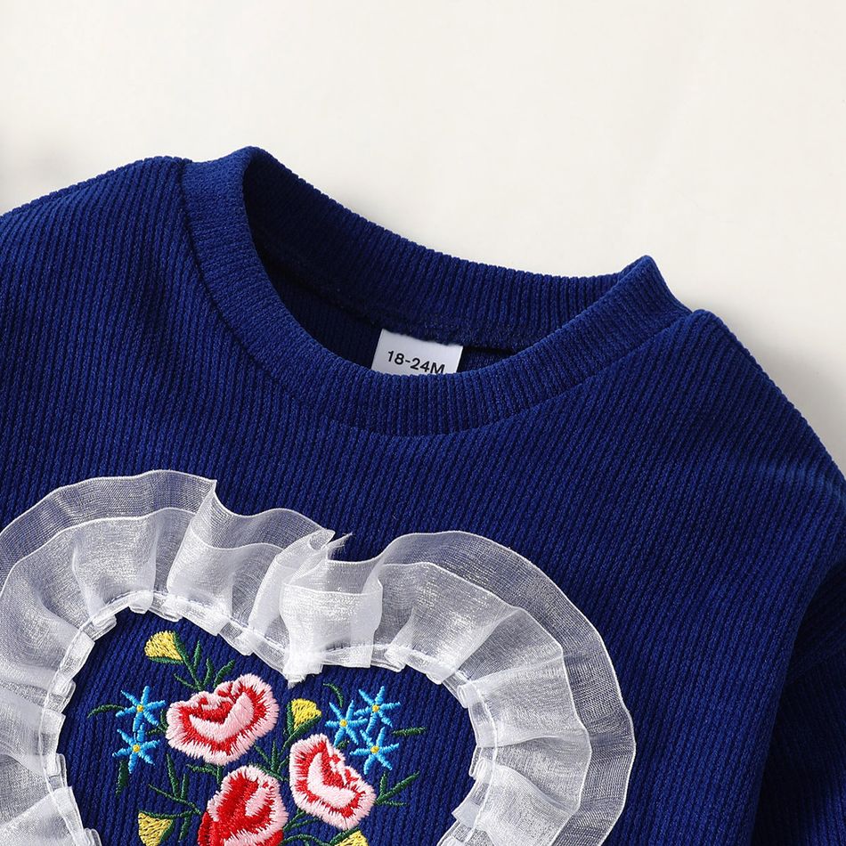 2pcs Toddler Girl Sweet Floral Embroidered Mesh Design Sweatshirt and Waffle Pants Set Royal Blue big image 4