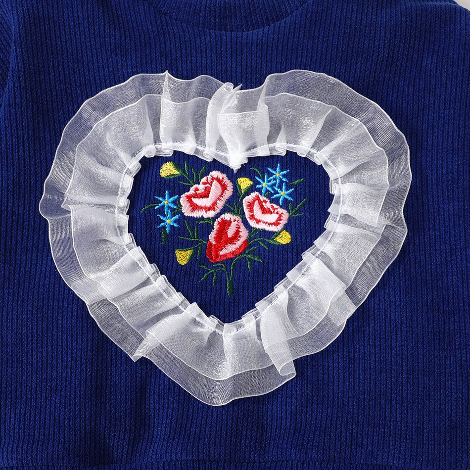 2pcs Toddler Girl Sweet Floral Embroidered Mesh Design Sweatshirt and Waffle Pants Set Royal Blue big image 5