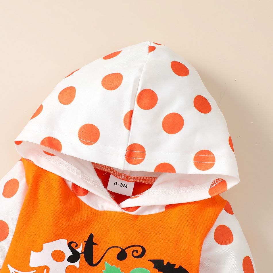 Halloween Baby Boy/Girl 95% Cotton Polka Dot Hooded Long-sleeve Spliced Pumpkin & Letter Print Jumpsuit Orange big image 4