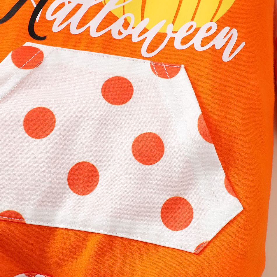 Halloween Baby Boy/Girl 95% Cotton Polka Dot Hooded Long-sleeve Spliced Pumpkin & Letter Print Jumpsuit Orange big image 6