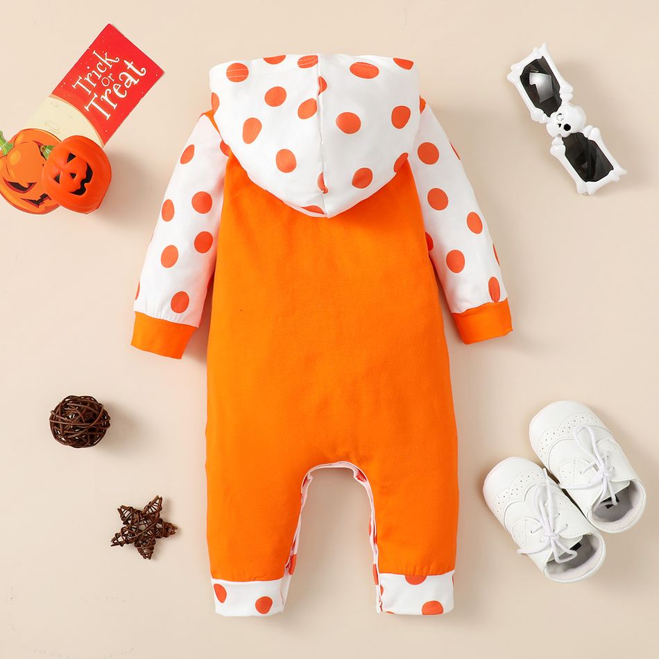 Halloween Baby Boy/Girl 95% Cotton Polka Dot Hooded Long-sleeve Spliced Pumpkin & Letter Print Jumpsuit Orange big image 3