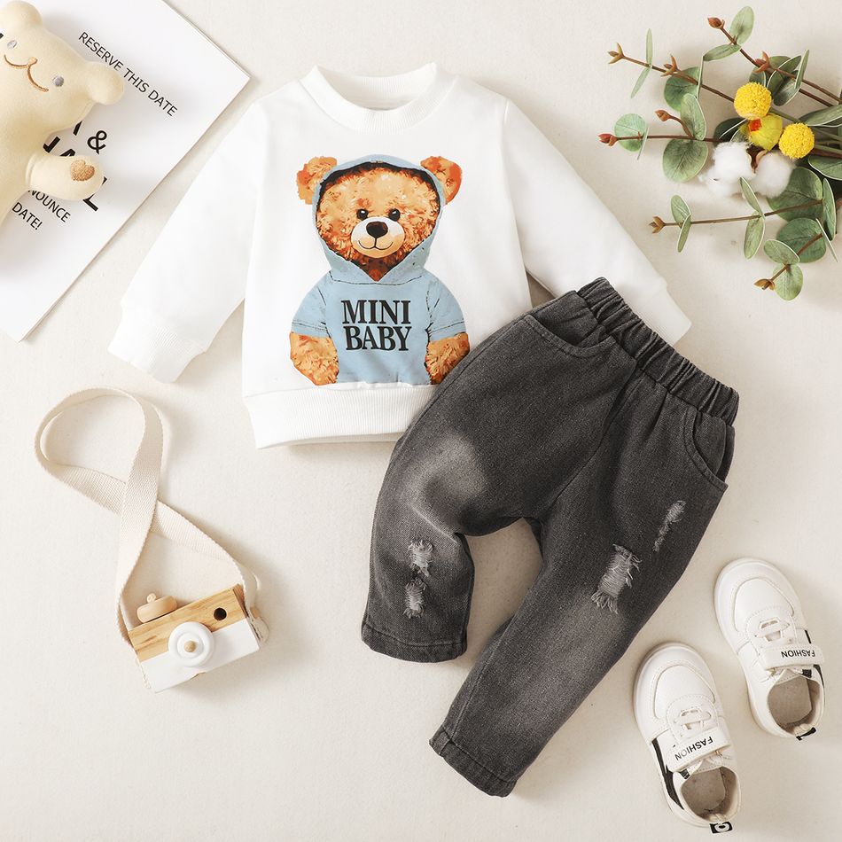 2pcs Baby Boy 100% Cotton Ripped Jeans and Bear Print Long-sleeve Sweatshirt Set OffWhite big image 1