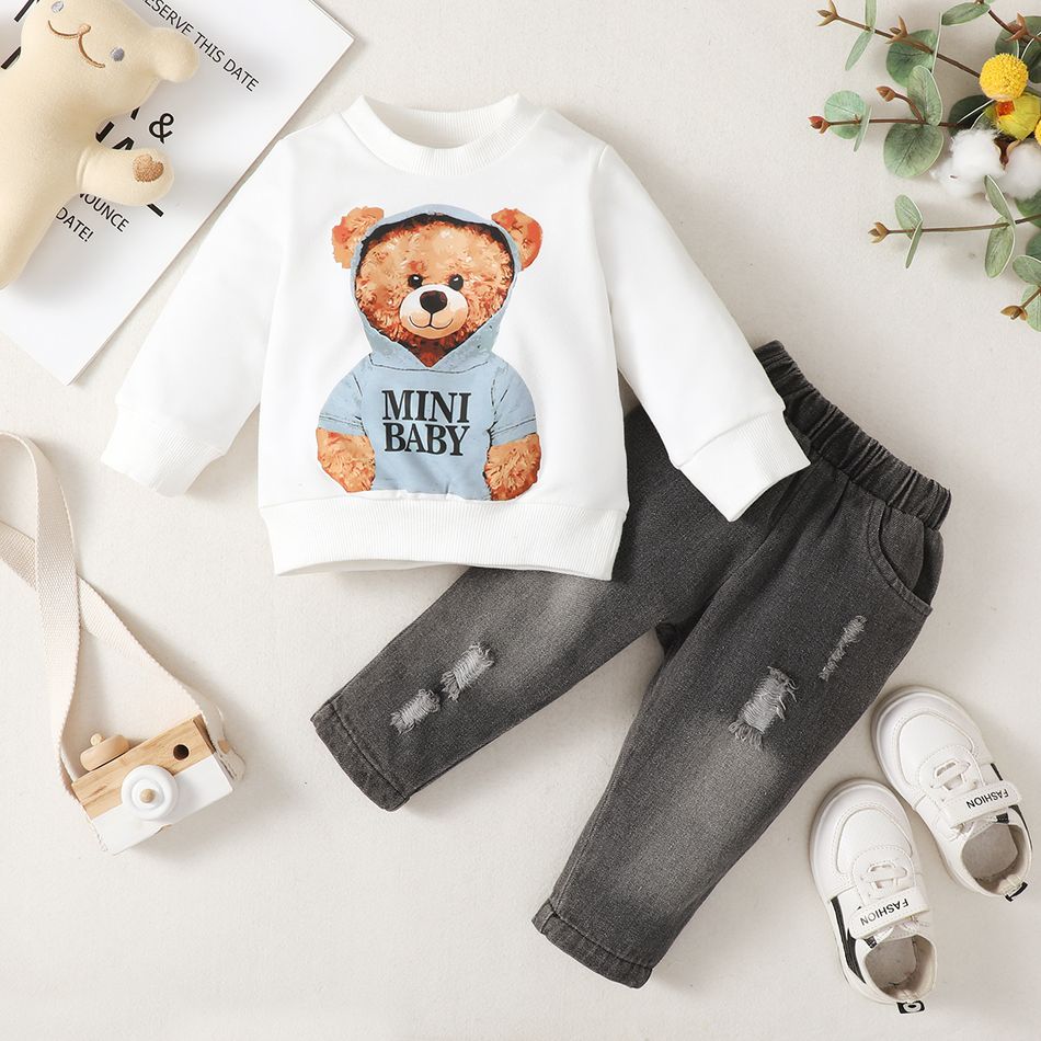 2pcs Baby Boy 100% Cotton Ripped Jeans and Bear Print Long-sleeve Sweatshirt Set OffWhite big image 2