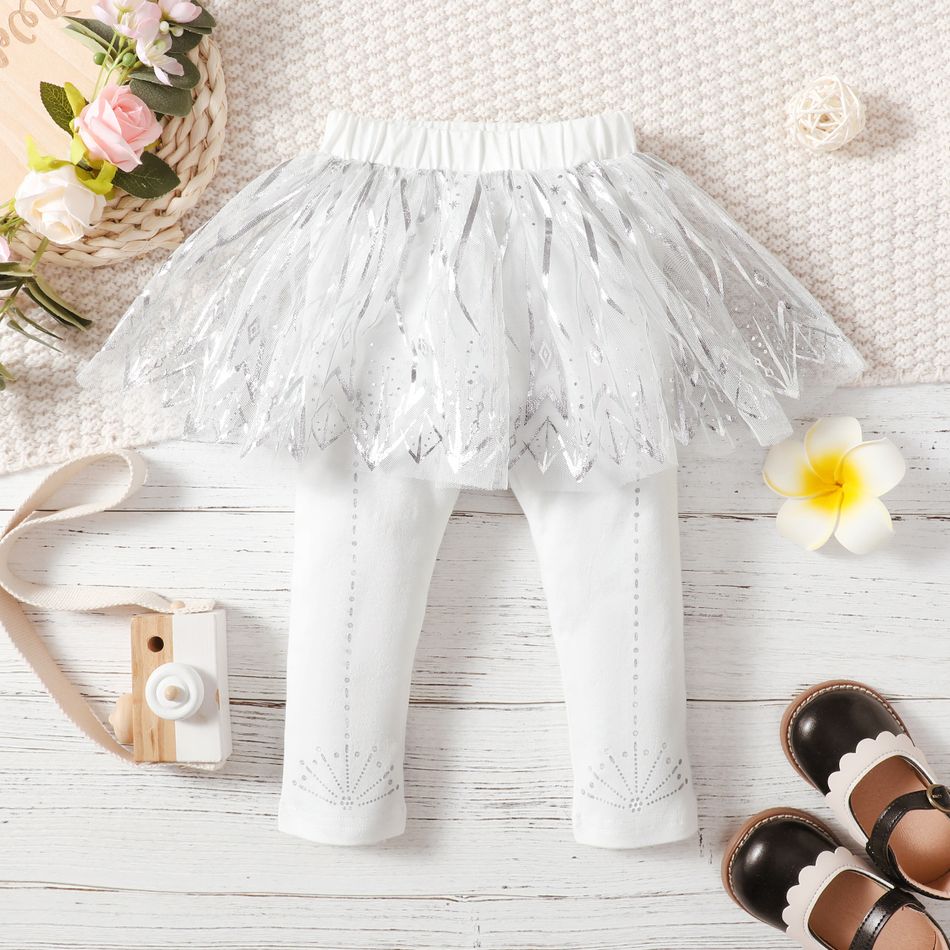 Baby Girl 95% Cotton Elasticized Waist Spliced Glitter Mesh Leggings White big image 1