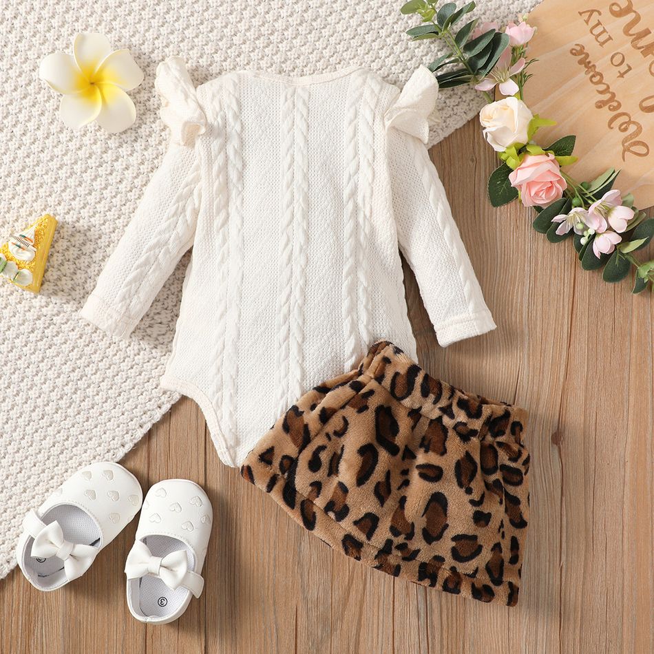 2pcs Baby Girl Letter Embroidered Ruffle Long-sleeve Textured Romper and Leopard Fuzzy Skirt Set Beige big image 2