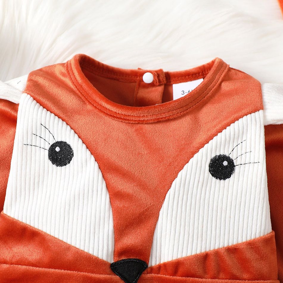 2pcs Baby Girl Fox Embroidered Long-sleeve Velvet Jumpsuit with Headband Set Reddishbrown big image 4