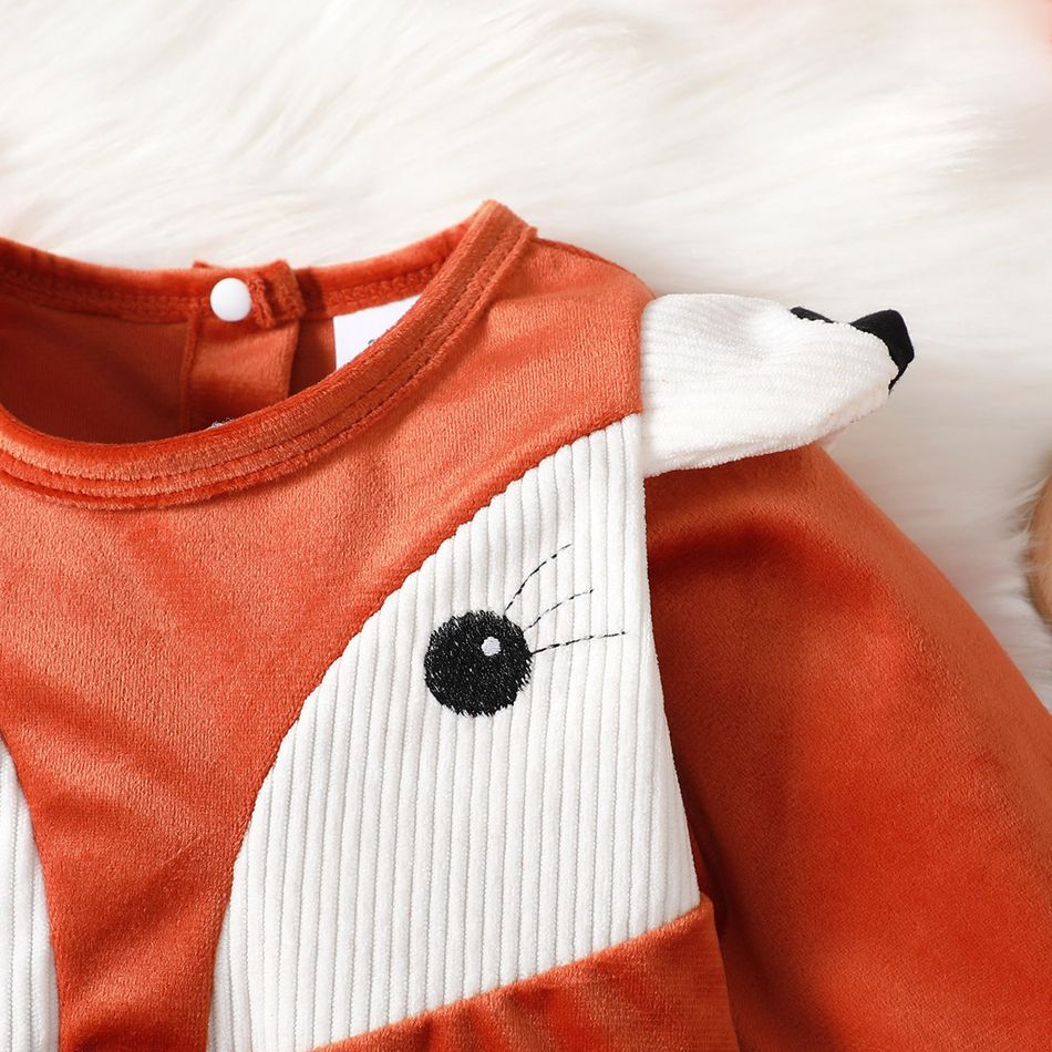 2pcs Baby Girl Fox Embroidered Long-sleeve Velvet Jumpsuit with Headband Set Reddishbrown big image 5