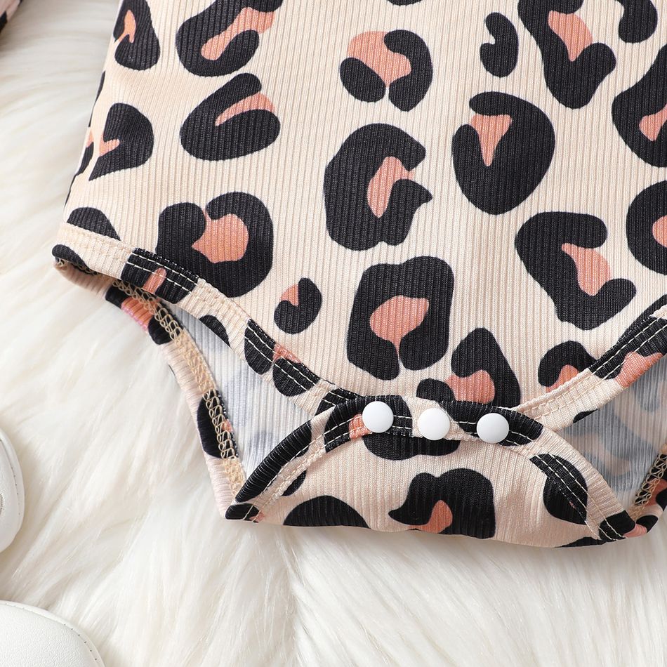 2pcs Baby Girl 100% Cotton Denim Overall Dress and Leopard Print Ruffle Long-sleeve Romper Set Black