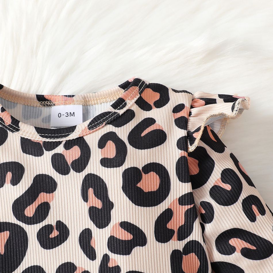 2pcs Baby Girl 100% Cotton Denim Overall Dress and Leopard Print Ruffle Long-sleeve Romper Set Black big image 6