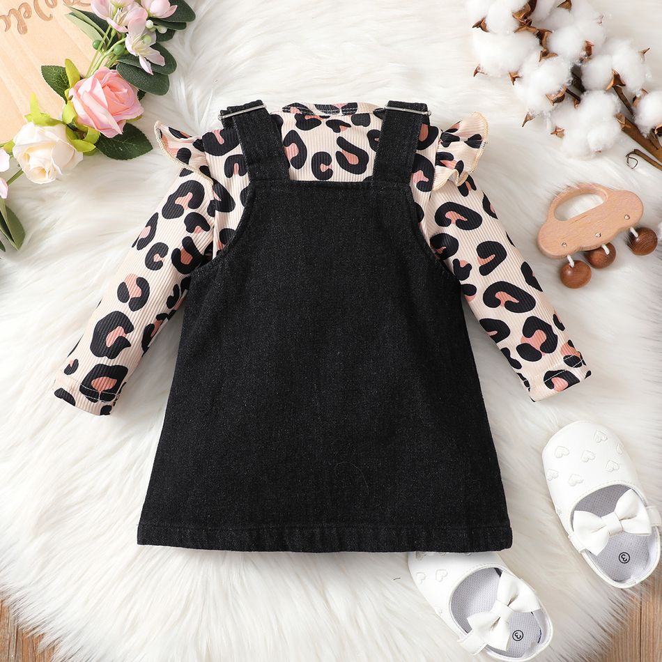 2pcs Baby Girl 100% Cotton Denim Overall Dress and Leopard Print Ruffle Long-sleeve Romper Set Black big image 3